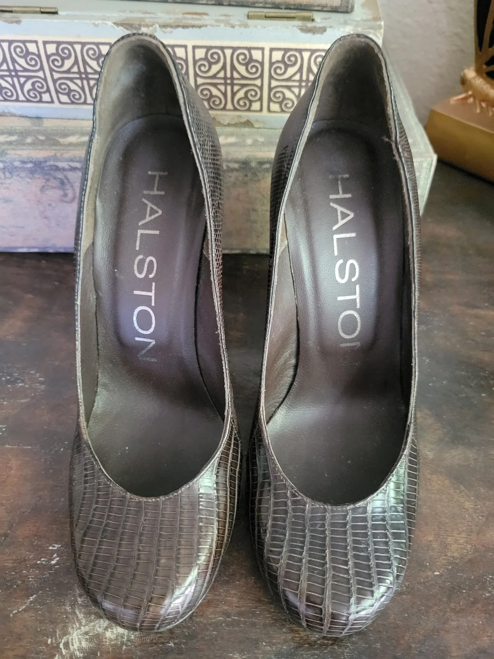 Vintage Halston Dark Brown Lizard-Embossed Wedge Pumps